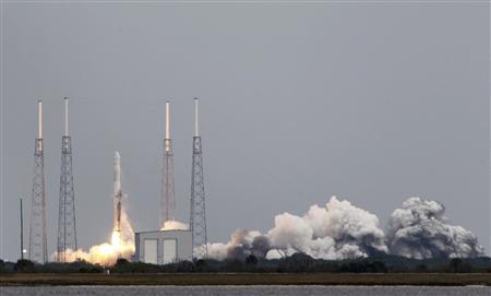 The SpaceX Falcon 9 rocket lifts off from the Cape Canaveral Air Force Station on a second resupply mission to the International Space Station in Cape Canaveral