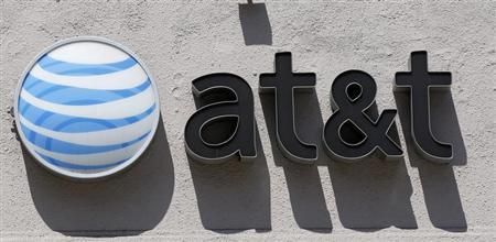 An At&T logo is seen atop a store in Beverly Hills, California