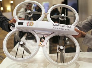 An unmanned aerial drone is displayed during Virtual Future Exhibition, in Dubai on Sunday. The United Arab Emirates says it plans to use unmanned aerial drones to deliver official documents and packages to its citizens as part of efforts to upgrade government services.
